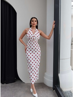 Esra Helvacı Puantiye Desen Boyun Kuşaklı Elbise