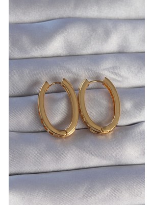 TE Dükkan Buğz Pirinç Gold Renk Zirkon Taşlı Oval Model Küpe - Buğz