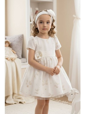 Pamina Kız Bebek Bandanalı Kuşaklı Elbise Ekru 36171