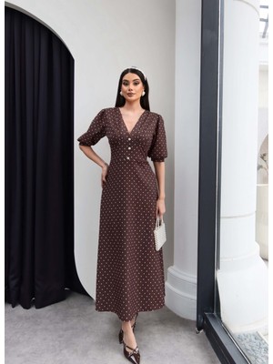 Esra Helvacı Puantiyeli Balon Kol Korsajlı Elbise