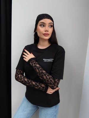 Esra Helvacı Bisiklet Yaka Kol Dantelli Tshirt