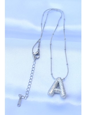 TE Dükkan Buğz 316L Çelik Zincirli Zirkon Taşlı A Harfli Gümüş Renk Bubble Kolye - Buğz