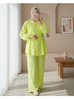 Modamorfo Kolu Bağcıklı Düğmeli V Yaka Tunik Pantolon Takım -Sarı