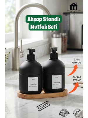 Muf Home Qlux Ideas Ahşap Standlı 2'li Siyah Cam Sıvı Sabunluk Seti- Mutfak Bulaşık Deterjanı ve El Sabunluğu