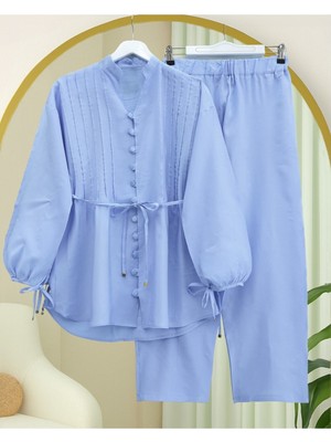 Modamorfo Kolu Bağcıklı Düğmeli V Yaka Tunik Pantolon Takım -Bebe Mavi