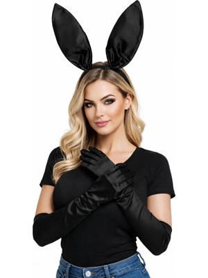TE Dükkan Buğz Siyah Parlak Tavşan Kulak ve 40 cm Parlak Siyah Eldiven Kostüm Seti - Buğz