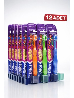 TE Dükkan Buğz Difaş Kids Çocuk Diş Fırçası 12 Adet Standlı Yumuşak Kıllı Koruyucu Kapaklı Toplu Paket