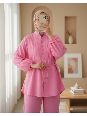 Modamorfo Kolu Bağcıklı Düğmeli V Yaka Tunik Pantolon Takım -Pembe