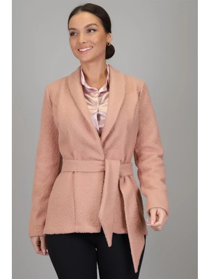 Sweetness Kadın Pudra  Buklet Kumaş Kemerli Astarsız Ceket