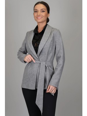 Sweetness Kadın Gri Diyagonal Desenli  Kemerli Astarsız Ceket