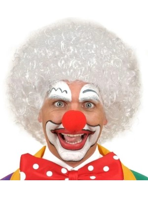 TE Dükkan Buğz Beyaz Renk Kıvırcık Afro Bonus Peruk Saç ve Kırmızı Sünger Burun Seti