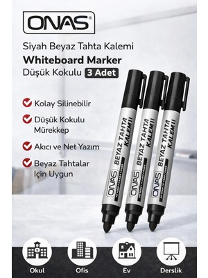 TE Dükkan Buğz Onas Siyah Beyaz Tahta Kalemi Whiteboard Marker Düşük Kokulu 3 Adet