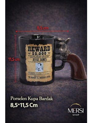 Mersi Shop Tabanca Saplı Porselen Kupa Bardak Western Tasarım Dekoratif Kahve Kupası