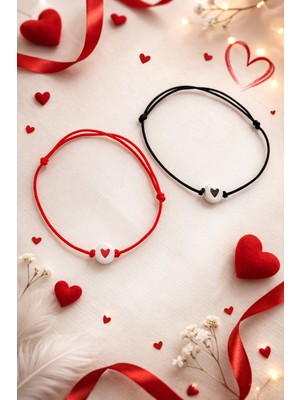 Crystal Atelier 2’li Kalp Boncuklu Ayarlanabilir Ip Bileklik Siyah Kırmızı El Yapımı Sevgili Arkadaşlık Bff Bilekliği