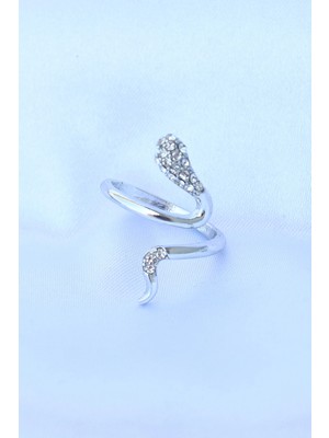 TE Dükkan Buğz Pirinç Gümüş Renk Ayarlanabilir Zirkon Taşlı Yılan Yüzük - Buğz