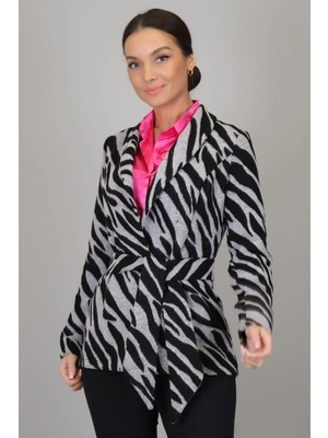 Sweetness Kadın Siyah Gri Zebra Desenli Kemerli Astarsız Ceket