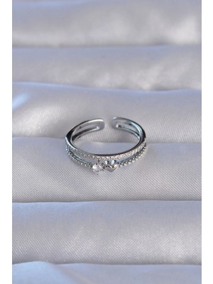 TE Dükkan Buğz Pirinç Gümüş Renk Zirkon Taşlı Kalpli Su Yolu Model Ayarlanabilir Yüzük - Buğz