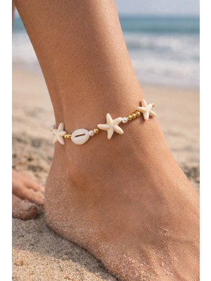 Genel Bohem Deniz Yıldızı & Istiridye Detaylı Halhal (20 Cm) – Inci ve Gold Boncuklu