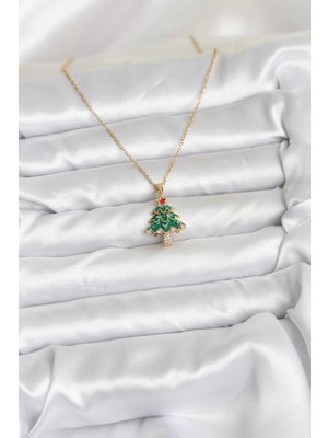 TE Dükkan Buğz 316L Çelik Zincir Gold Renk Çam Ağacı Model Yılbaşı Temalı Kadın Kolye - Buğz