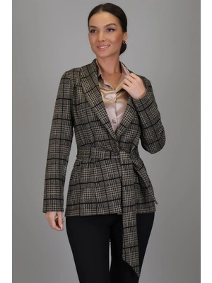 Sweetness Kadın Bej Siyah Kemer Detaylı Ekose Ceket