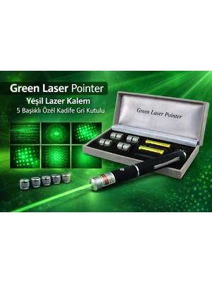 TE Dükkan Buğz Green Laser Pointer  Kalem 5 Başlıklı Özel Kadife Gri Kutulu