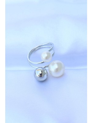 TE Dükkan Buğz Pirinç Gümüş Renk Ayarlanabilir Inci Taşlı Yüzük - Buğz