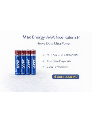 TE Dükkan Buğz Max Energy Aaa Ince Kalem Pil 1.5V R03 Heavy Duty Ultra Power 4 Lü 1 Paket