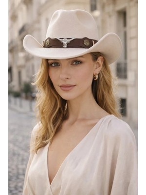 Külah Deri Şeritli Boğa Figürlü Premium Festival Beach Rave Hat - Krem