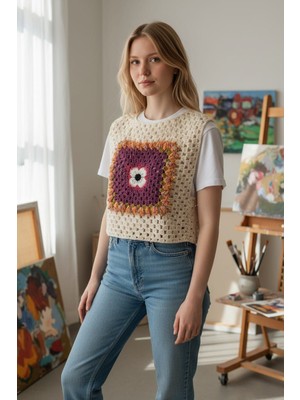 Tokuşka El Örgüsü Motifli Çift Taraflı Giyilebilir Kadın Süveter