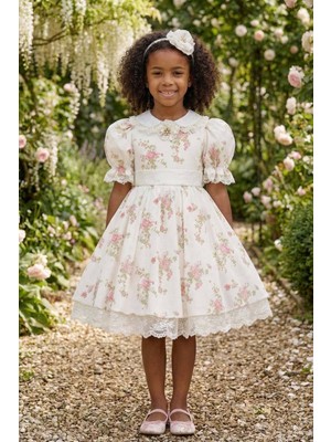 Pamina Kız Çocuk Taç Tokalı Çiçekli Elbise Ekru 36374