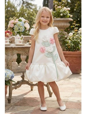 Pamina Kız Çocuk 3D Çiçekli Elbise Beyaz 36264
