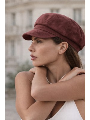 Külah Süet Dokulu Baker Boy Şapka – Bordo Vintage Kasket