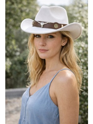Külah Deri Şeritli Boğa Figürlü Premium Festival Beach Rave Hat - Beyaz