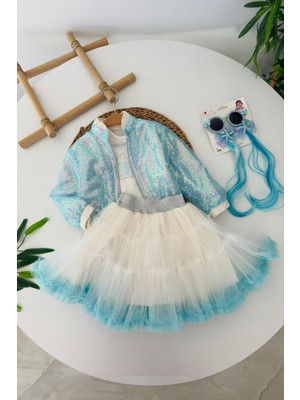 Miniğimin Cicileri Işıltılı Payet Ceketli Prenses Tütü Elbise 3 Lü Takım - Turkuaz