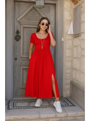 Moda Loris Kadın Kısa Kollu Yuvarlak Yaka Önden Yırtmaçlı Cepli Viskon Uzun Elbise