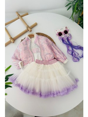 Miniğimin Cicileri Işıltılı Payet Ceketli Prenses Tütü Elbise 3 Lü Takım - Lila