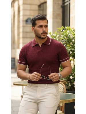 Livizmir Moda Erkek Zikzak Dokulu Yakalı Kısa Kollu Triko