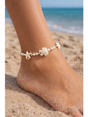 Genel Bohem Deniz Temalı Halhal – Deniz Yıldızı & Kaplumbağa Figürlü, Inci Boncuklu