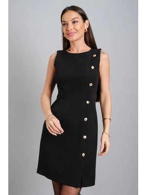 Sweetness Kadın Siyah Krep Kumaş Yandan Düğmeli Model Kolsuz Elbise