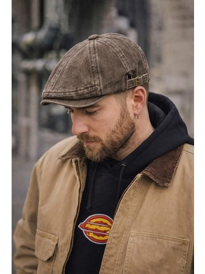 Külah Stonewash Flat Cap Şapka – Ayarlanabilir Tokalı Newsboy Cap - Rustic Oak