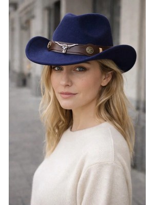 Külah Deri Şeritli Boğa Figürlü Premium Festival Beach Rave Hat - Lacivert