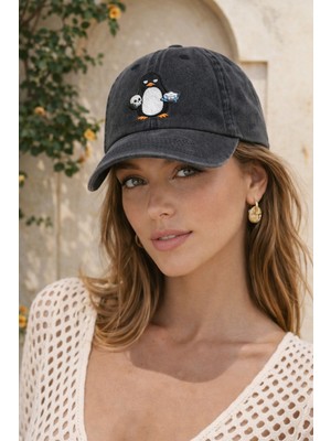 Külah Penguen Nakışlı Siyah Unisex Baseball Cap – Yıkamalı Vintage Stil
