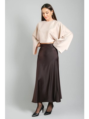 Sweetness Kadın Kahverengi Likralı Saten Maxi Boy Abiye Etek