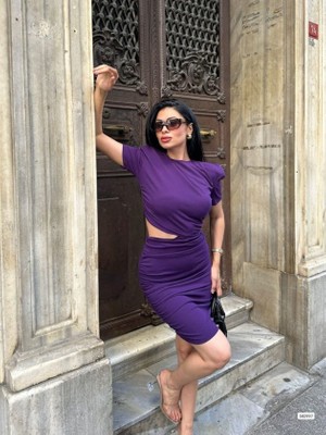 Ezel Glory Kadın Bel Dekolteli Yanı Büzgü Detay Dalgıç Krep Kumaş Mini Elbise