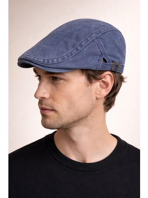 Külah Daily Form Washed Flat Cap – Mavi Ayarlanabilir Tokalı Denim Kasket