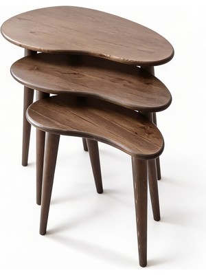 3'lü Zigon Sehpa Seti Modern Asimetrik Ceviz Renk Oval Masif Ahşap Yan Sehpa Seti