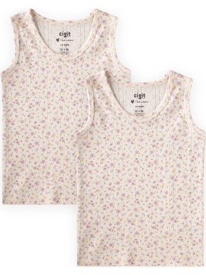 Cigit Ikili Geniş Askılı Atlet 2-11 Yaş Ekru Lila Çiçek Desenli