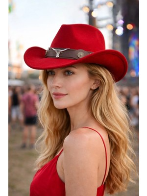 Külah Deri Şeritli Boğa Figürlü Premium Festival Beach Rave Hat - Kırmızı
