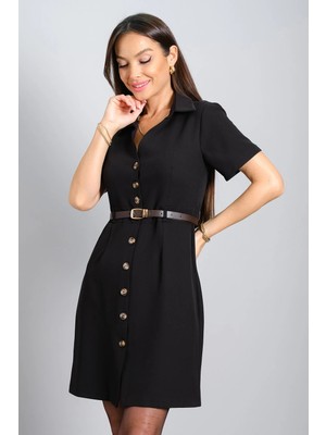 Sweetness Kadın Siyah Krep Kumaş Önden Düğmeli Model Kısa Kol Kemer Detaylı Elbise