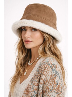 Külah Kadın Çift Taraflı Teddy Tarçın Bucket Şapka